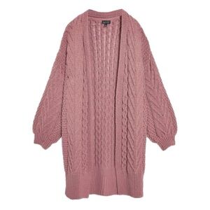Topshop Long Cable Knit Cardigan in Dusty Rose Pink